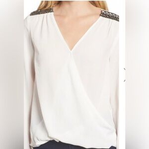 Gibson White Blouse with Embellished Shoulders